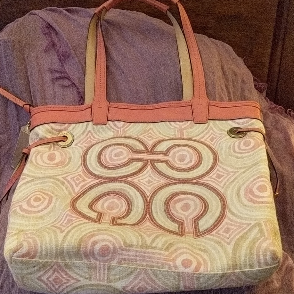 Authentic Coach coral, cream and tan tote.
